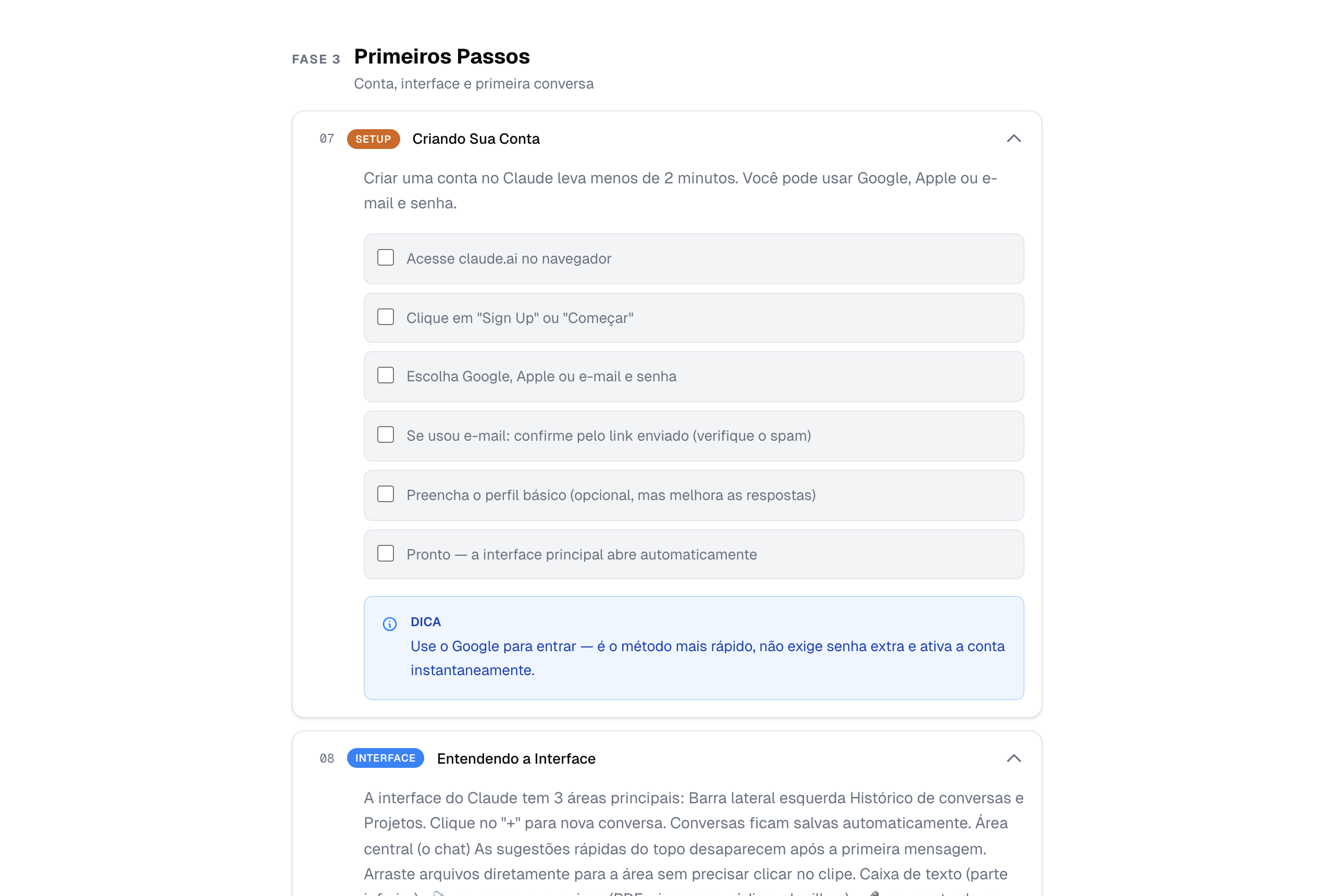 Checklists de etapas